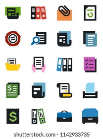 Color and black flat icon set - office binder vector, document search, reload, stamp, contract, receipt, news, case, paper clip, folder, checklist, tray, archive box