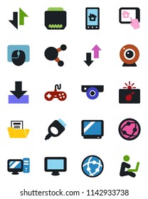 Color and black flat icon set - bomb in case vector, mouse, gamepad, tv, network, monitor, share, hdmi, data exchange, download, document folder, web camera, pc, home control app, man with notebook