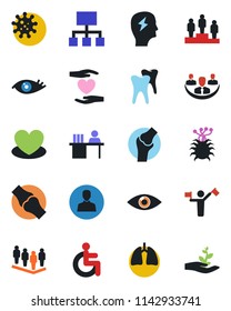 Color and black flat icon set - dispatcher vector, pedestal, team, brainstorm, heart, disabled, hand, lungs, tooth, eye, joint, virus, user, company, manager desk, hierarchy, palm sproute