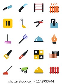Color and black flat icon set - farm fork vector, rake, wheelbarrow, pruner, saw, hoe, garden knife, cargo container, rack, pause button, application, paper clip, ink pen, heater, dish, ladle