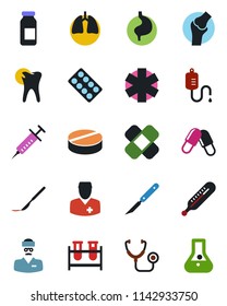 Color and black flat icon set - stethoscope vector, syringe, blood test vial, dropper, thermometer, pills, blister, ampoule, scalpel, patch, ambulance star, stomach, lungs, caries, joint, doctor