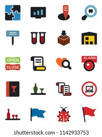 Color and black flat icon set - no laptop vector, contract, statistic monitor, lady bug, plant label, blood test vial, heart diagnostic, package, search cargo, application, warehouse, alcohol, flag