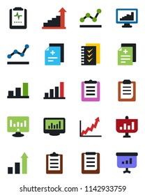 Color and black flat icon set - growth statistic vector, monitor, diagnosis, pulse clipboard, statistics, bar graph, checklist, point, presentation