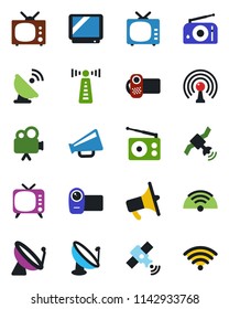 Color and black flat icon set - antenna vector, satellite, radio, loudspeaker, tv, video camera, wireless
