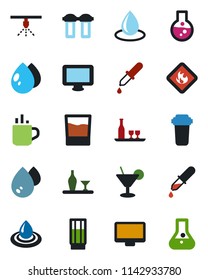 Color and black flat icon set - hot cup vector, water drop, dropper, flammable, monitor, alcohol, drink, cocktail, filter, sprinkler, flask