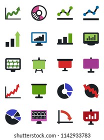 Color and black flat icon set - growth statistic vector, presentation board, crisis graph, circle chart, monitor pulse, statistics, bar, pie, point