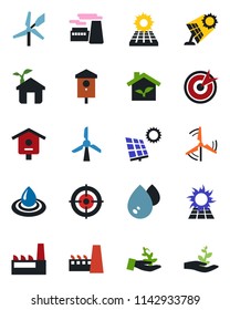 Color and black flat icon set - factory vector, bird house, target, sun panel, windmill, eco, water, palm sproute