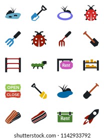 Color and black flat icon set - job vector, garden fork, shovel, lady bug, caterpillar, pond, rack, rent, bacon, open close, rocket