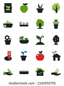 Color and black flat icon set - flower in pot vector, seedling, tree, sproute, plant label, fertilizer, fruit, salad, apple, eco house, palm