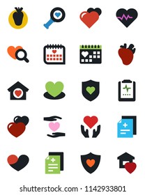 Color and black flat icon set - heart vector, pulse, diagnosis, diagnostic, shield, hand, real, medical calendar, clipboard, sweet home