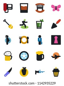 Color and black flat icon set - female vector, boarding, job, trowel, butterfly, garden knife, run, real heart, pregnancy, plane, manager, children room, cafe, drink, phyto bar, beer, fan, intercome