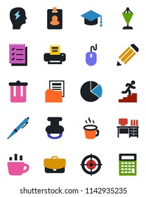 Color and black flat icon set - trash bin vector, pennant, graduate, mouse, desk, coffee, brainstorm, pencil, pie graph, document folder, checklist, target, printer, stamp, career ladder, pen, case