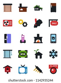 Color and black flat icon set - fireplace vector, bird house, office phone, tv, with garage, sale, fridge, rolling pin, eco, snowflake, air conditioner, home control app, gear, smoke detector