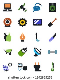 Color and black flat icon set - gear vector, notebook pc, shovel, wheelbarrow, hose, garden knife, blood pressure, barbell, satellite antenna, tv, speaker, rca, ink pen, sun panel, ladle, power plug