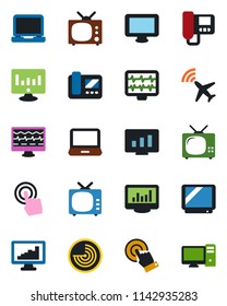 Color and black flat icon set - plane radar vector, statistic monitor, pulse, tv, touch screen, laptop pc, statistics, intercome
