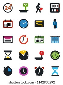 Color and black flat icon set - 24 around vector, flight table, heavy scales, clock, alarm, stopwatch, manager, calendar, schedule, sand