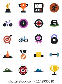 Color and black flat icon set - pedestal vector, medal, barbell, bike, run, heavy, clock, stopwatch, target, mountains, award cup