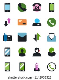 Color and black flat icon set - phone vector, mobile, office, 24 hours, support, cell, mail, call, data exchange