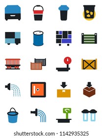 Color and black flat icon set - trash bin vector, checkroom, bucket, watering, railroad, cargo container, consolidated, package, oil barrel, heavy scales, archive box, water filter