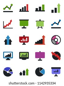 Color and black flat icon set - growth statistic vector, presentation board, crisis graph, circle chart, monitor statistics, bar, pie, point, arrow up