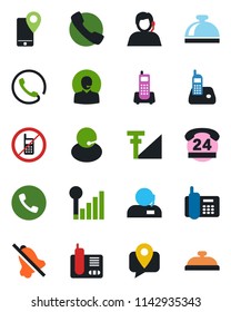 Color and black flat icon set - phone vector, no mobile, reception bell, office, 24 hours, support, tracking, radio, call, mute, cellular signal