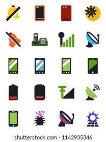 Color and black flat icon set - satellite antenna vector, mobile phone, virus, cell, low battery, back, mute, cellular signal, office, sun panel