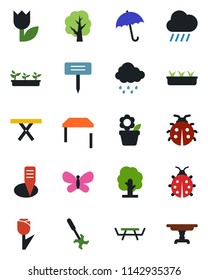 Color and black flat icon set - umbrella vector, flower in pot, tree, butterfly, lady bug, seedling, rain, plant label, picnic table, ripper, tulip