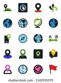 Color and black flat icon set - globe vector, route, navigation, earth, pin, mobile tracking, network, place tag, compass, flag