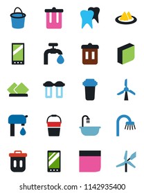 Color and black flat icon set - trash bin vector, bucket, tooth, mobile, blank box, water supply, bathroom, serviette, filter, windmill