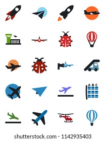 Color and black flat icon set - plane vector, departure, arrival, ladder car, boarding, helicopter, seat map, airport building, lady bug, rocket, paper, air balloon