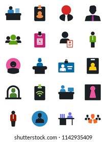 Color and black flat icon set - female vector, reception, manager, identity card, place, patient, user, desk, estate agent, pass, group