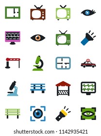 Color and black flat icon set - barrier vector, tv, alarm car, bench, monitor pulse, microscope, eye, torch, plan, alcove, scan