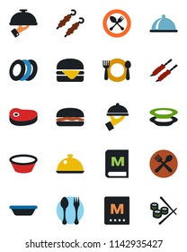 Color and black flat icon set - spoon and fork vector, dish, cafe, menu, plates, waiter, steak, kebab, hamburger, bowl, sushi