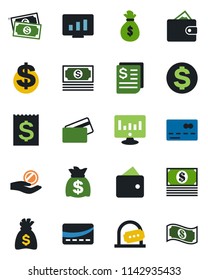 Color and black flat icon set - credit card vector, ticket office, dollar sign, money bag, statistic monitor, cash, receipt, wallet, investment