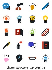 Color and black flat icon set - speaking man vector, pen, brainstorm, bulb, dialog, wine card, hot dog, energy saving, shining head, idea