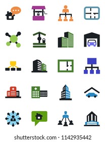 Color and black flat icon set - hierarchy vector, well, hospital, molecule, office building, garage, plan, home message