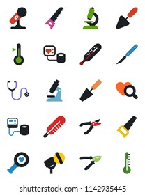 Color and black flat icon set - trowel vector, pruner, saw, stethoscope, blood pressure, thermometer, heart diagnostic, microscope, scalpel, microphone