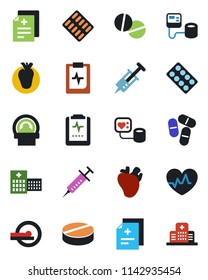 Color and black flat icon set - heart pulse vector, diagnosis, syringe, blood pressure, pills, blister, tomography, real, clipboard, hospital