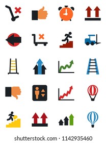 Color and black flat icon set - elevator vector, alarm clock, left arrow, fork loader, ladder, up side sign, no trolley, finger, down, career, graph, growth, air balloon