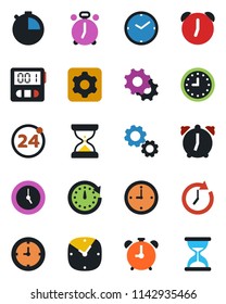 Color and black flat icon set - 24 around vector, alarm clock, settings, stopwatch, gear, sand