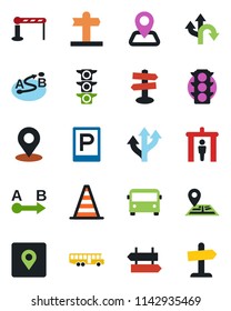 Color and black flat icon set - airport bus vector, parking, barrier, security gate, signpost, border cone, route, navigation, traffic light, place tag, guidepost
