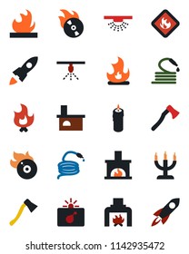 Color and black flat icon set - bomb in case vector, fire, hose, axe, fireplace, flammable, flame disk, candle, sprinkler, rocket
