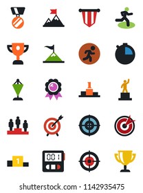 Color and black flat icon set - pedestal vector, pennant, medal, run, stopwatch, target, motivation, award cup