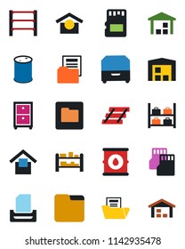 Color and black flat icon set - luggage storage vector, warehouse, oil barrel, rack, sd, folder, document, paper tray, archive box