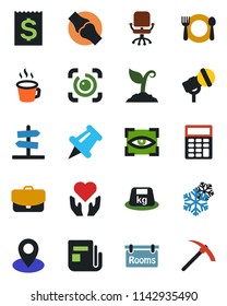 Color and black flat icon set - office chair vector, sproute, heart hand, joint, pin, receipt, heavy, microphone, news, paper, eye id, coffee, calculator, rooms, cafe, snowflake, scan, case