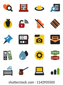 Color and black flat icon set - office binder vector, document search, abacus, sun, heart diagnostic, pills blister, real, stopwatch, mail, mute, photo gallery, drawing pin, notebook pc, serviette