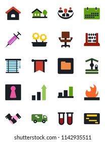 Color and black flat icon set - female vector, handshake, growth statistic, abacus, well, syringe, blood test vial, flammable, folder, calendar, company, bar graph, office chair, house, with tree