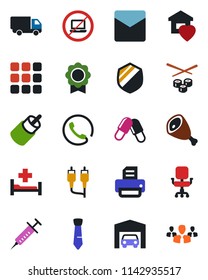 Color and black flat icon set - no laptop vector, printer, syringe, pills, hospital bed, car delivery, shield, rca, menu, mail, sertificate, office chair, tie, garage, sweet home, phone, ham, sushi