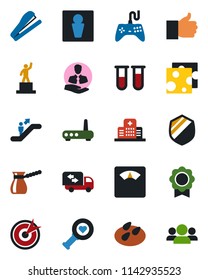 Color and black flat icon set - escalator vector, male, pedestal, seeds, blood test vial, heart diagnostic, scales, hospital, client, shield, gamepad, finger up, sertificate, stapler, moving, cheese