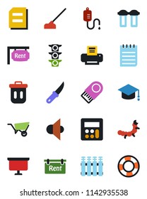 Color and black flat icon set - graduate vector, notepad, document, presentation board, wheelbarrow, hoe, garden knife, caterpillar, dropper, traffic light, speaker, calculator, printer, rent